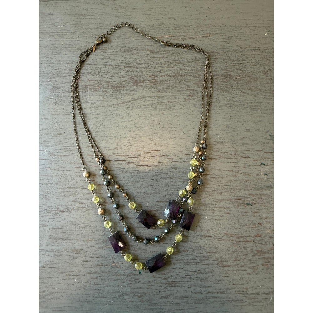 Vintage Multi Strand Beaded Necklace Purple Chartreuse Bronze Tone Tiered